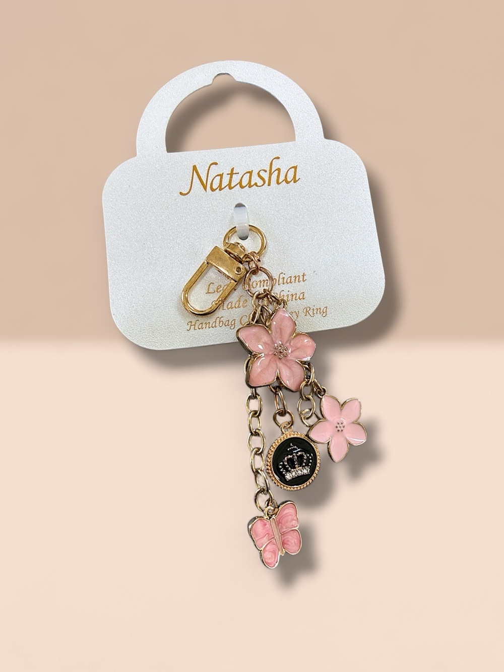 Natasha Couture Gold-Tone Pink Floral & Butterfly Bag Charm Keyring
